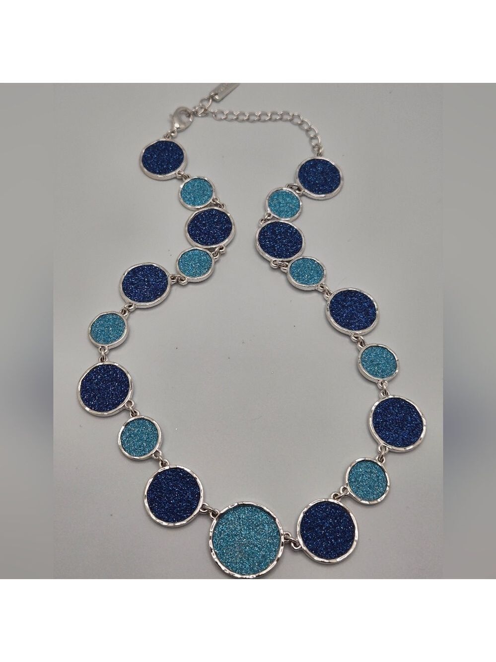 Blue Druzy Quartz Necklace Silver Tone Signed SUNG 16" +3"
